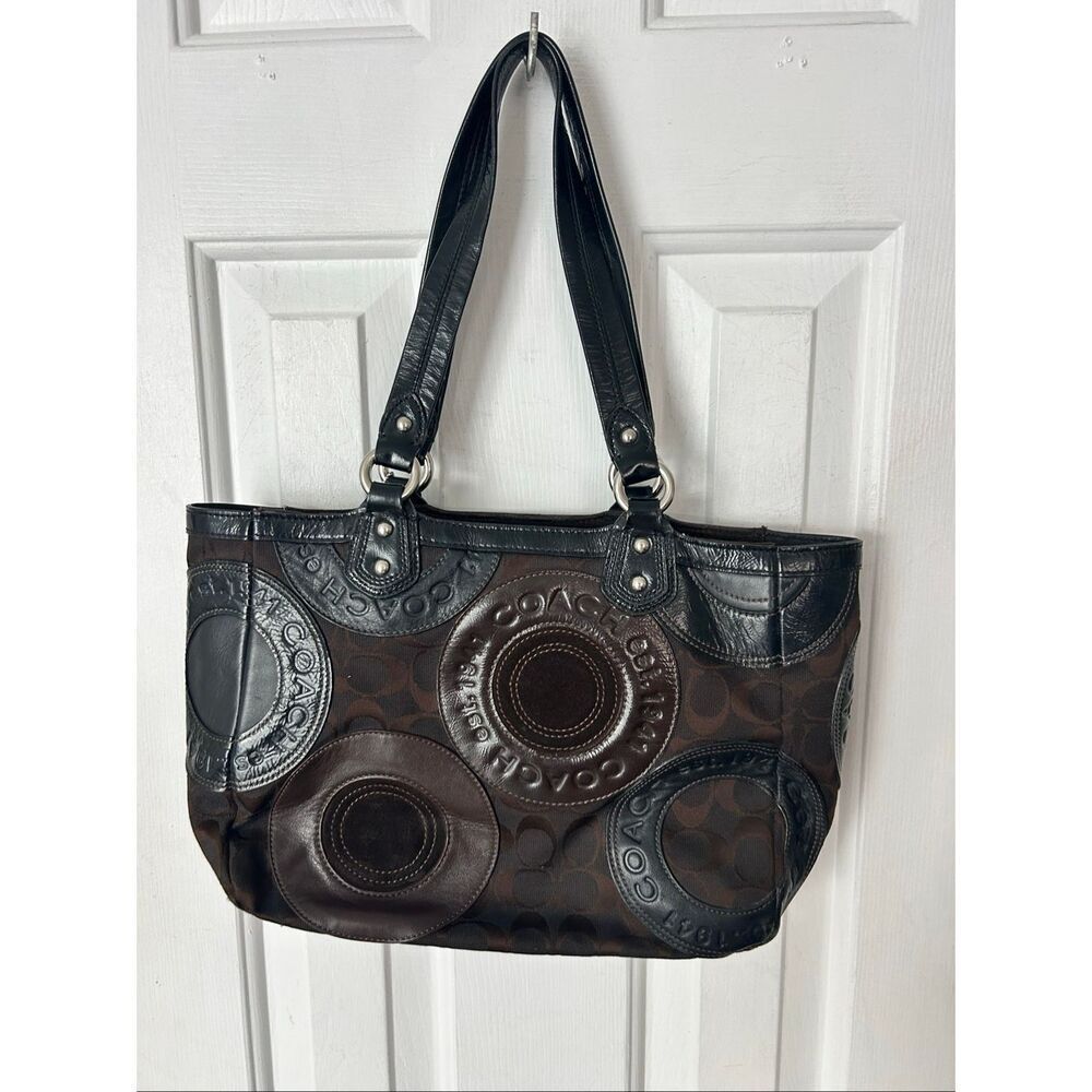 COACH Circle Patchwork East West Tote Black Brown F15466 Shoulder Handbag Purse - Picture 4 of 10